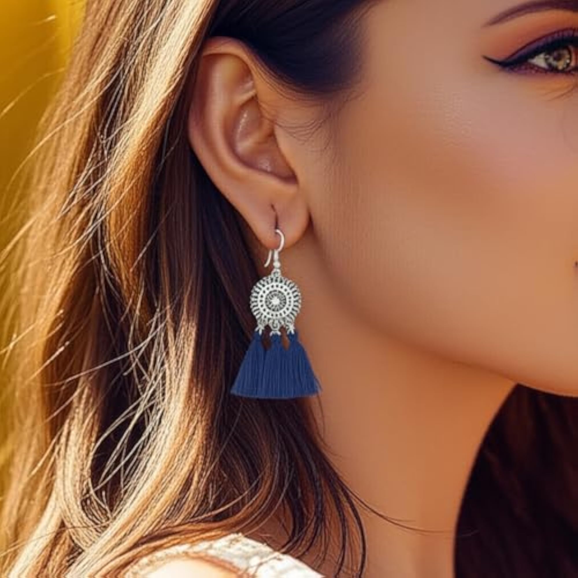 Bohemian Dangle Earrings Set, Navy Blue Tassel and Feather Design